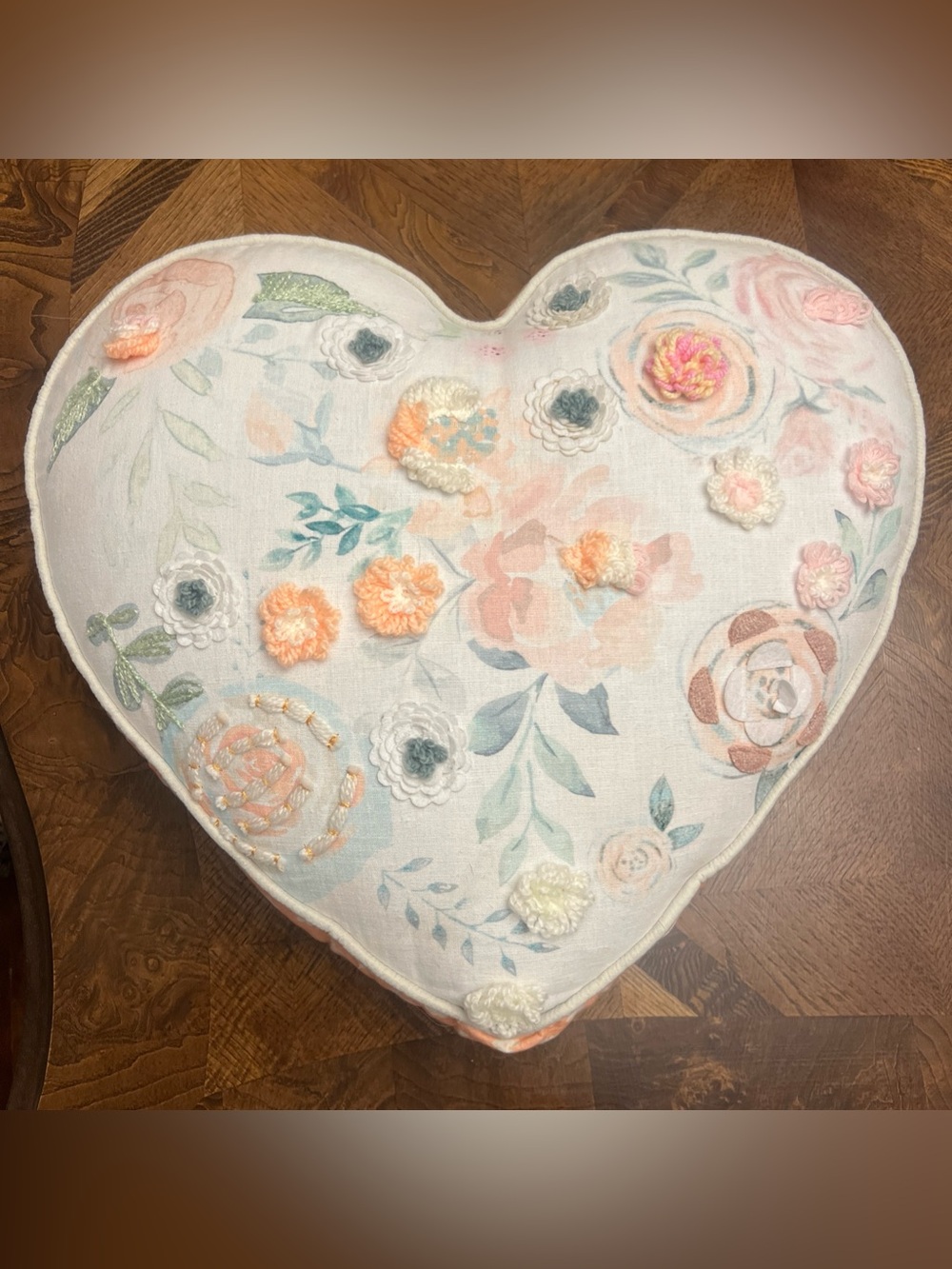 Vintage Floral Heart Accent Pillow in Pastel Peach & Aqua - Made in India - Firm